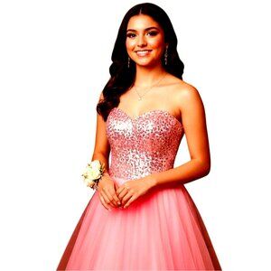 Mystique Strapless Beaded Tulle Prom Ball Gown 8 Corset Back Coral Quinceañera